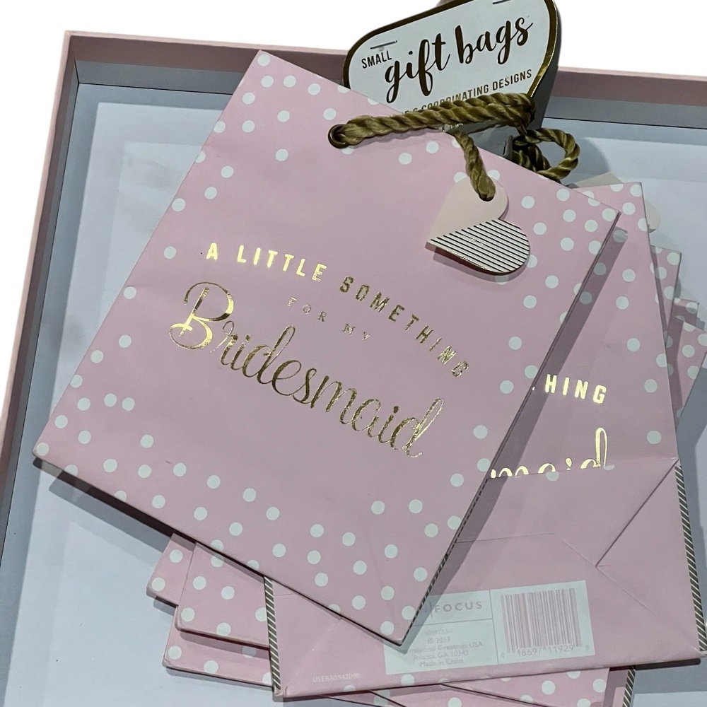 Bridesmaid Gift Bags 6 Pink/white dot w/ Gold Foil Writing and Gold Rope Handle